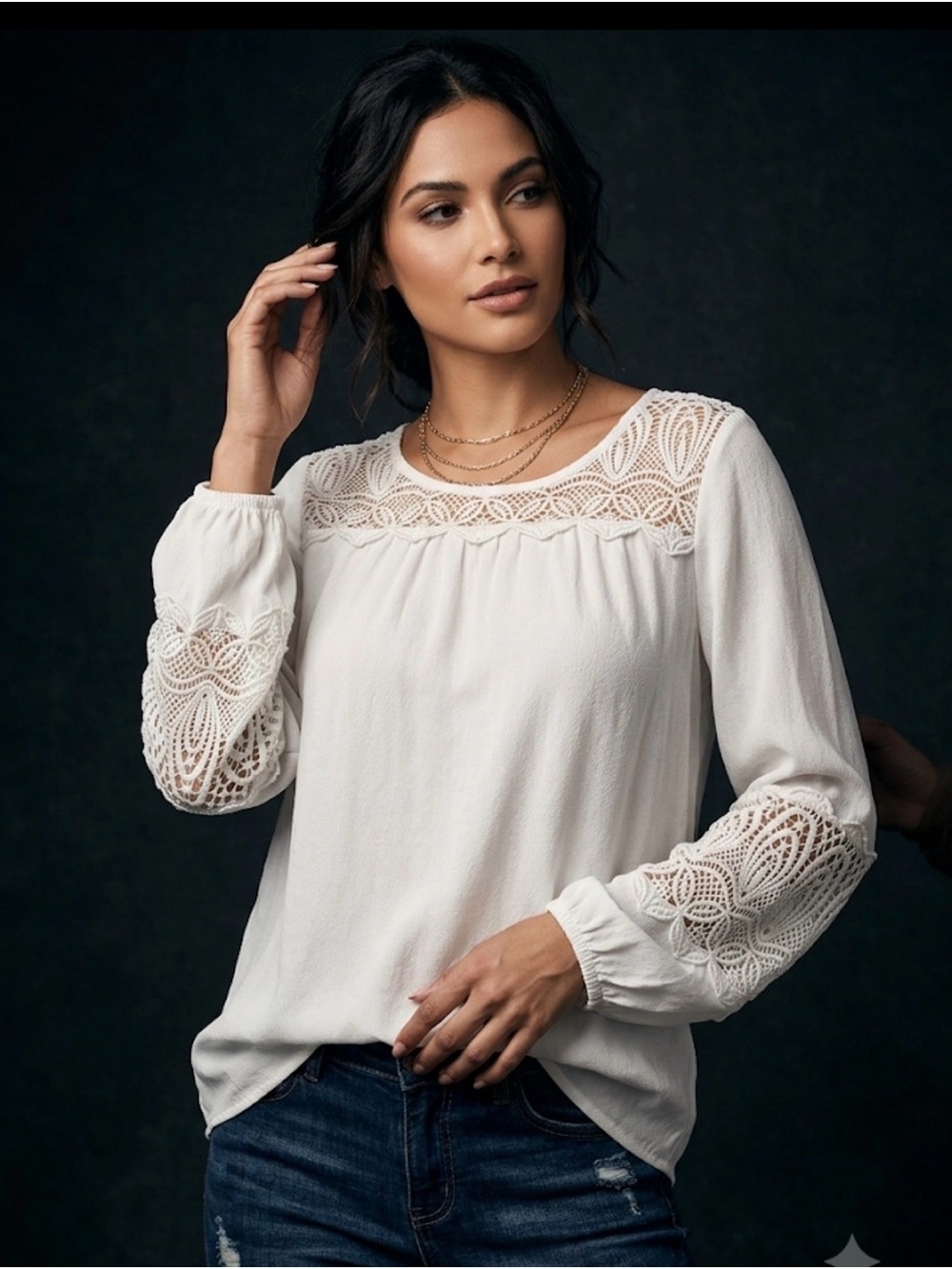 Joie Cream Lace Yoke Long-Sleeve Blouse